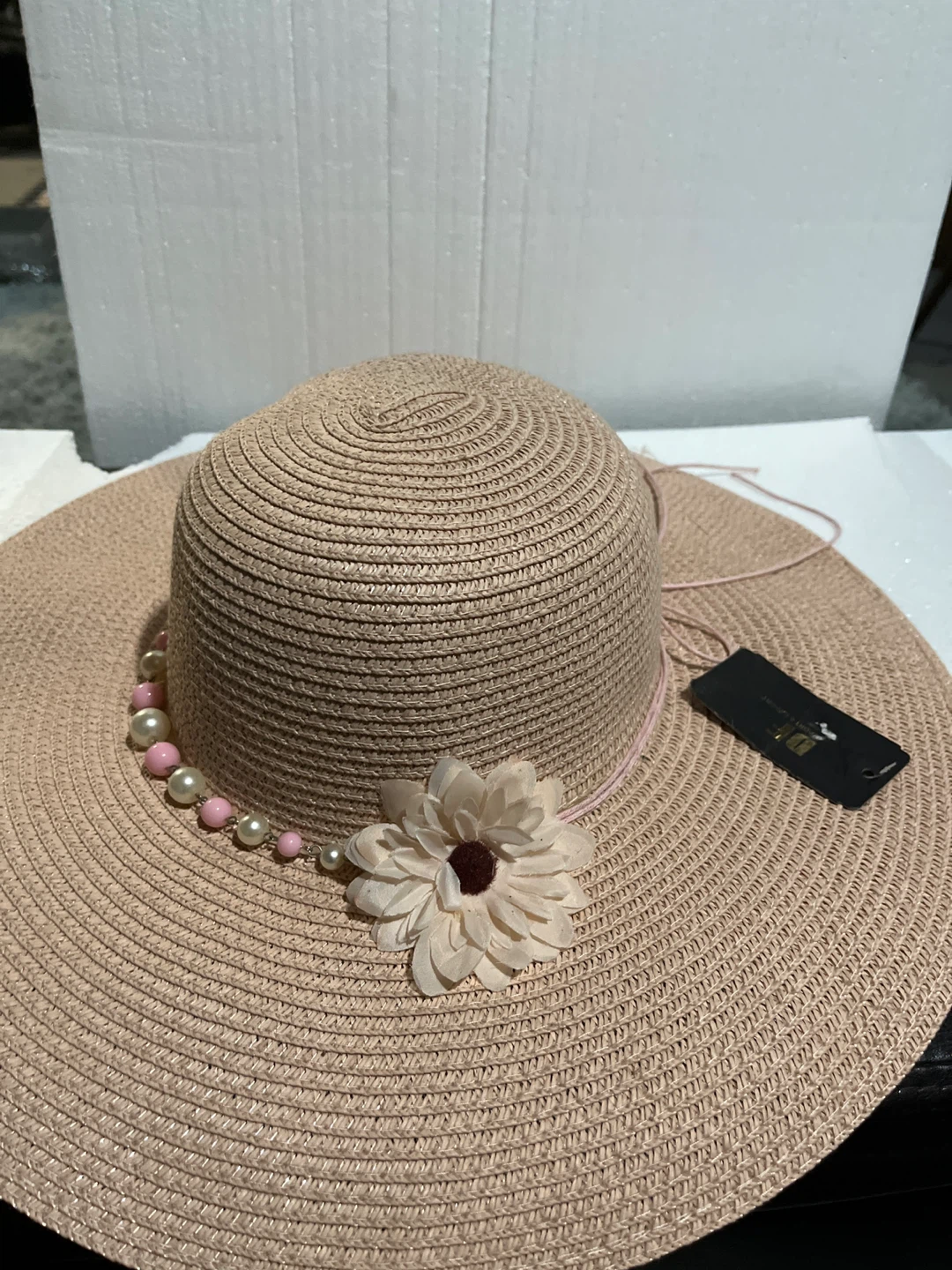 Pink Paper Straw Hat with Flower and Pearls