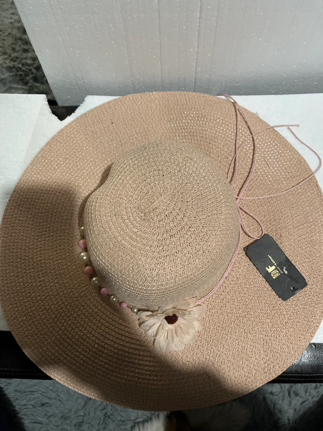 Pink Paper Straw Hat with Flower and Pearls - photo 3