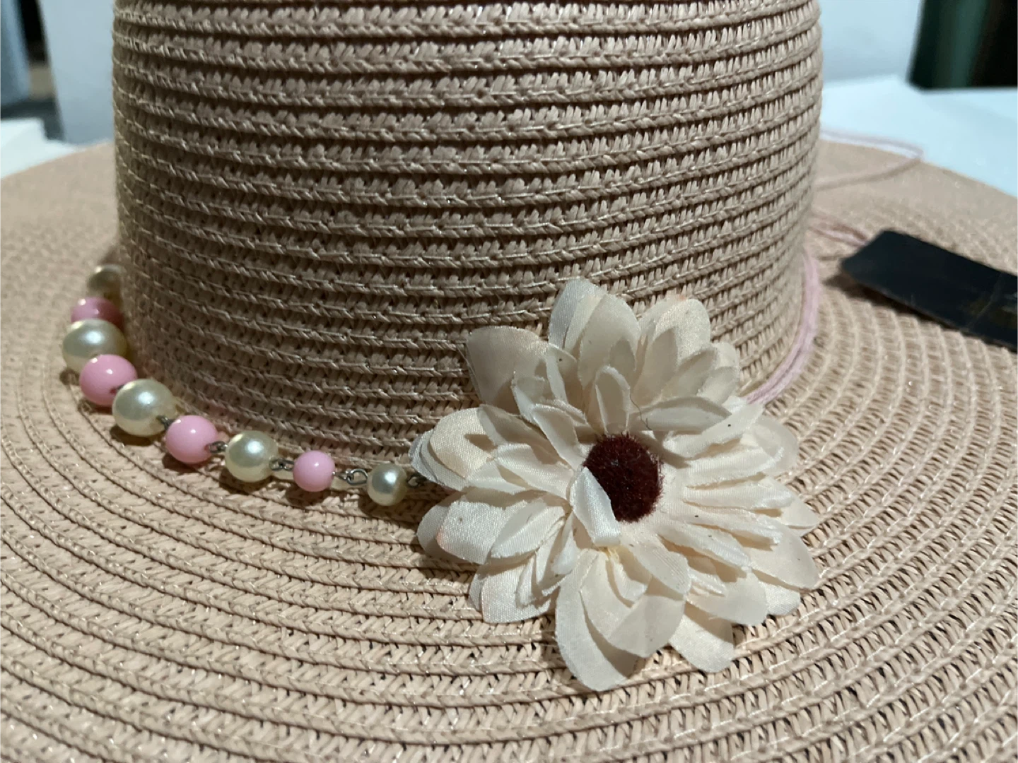 Pink Paper Straw Hat with Flower and Pearls - photo 2