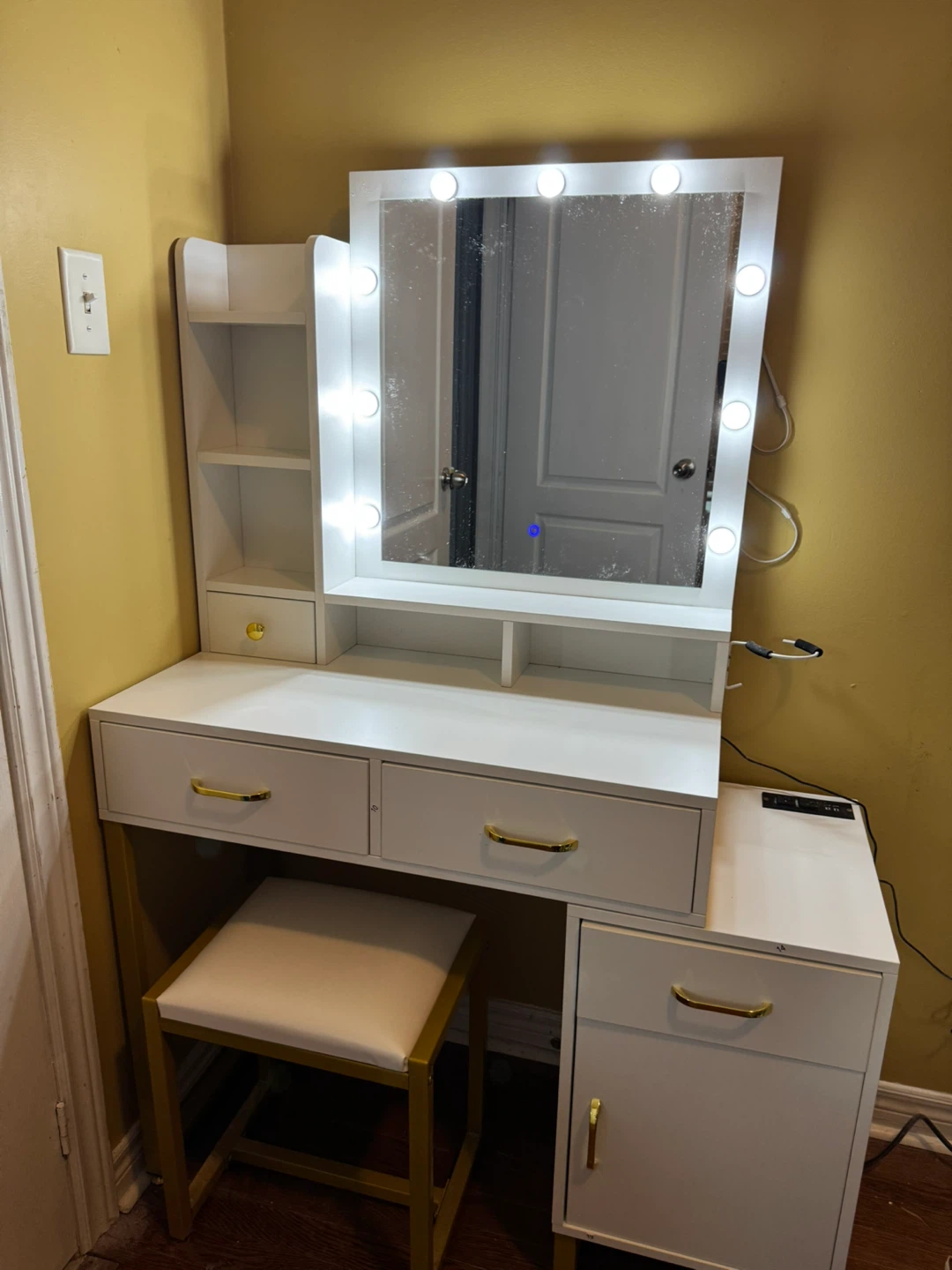 White Vanity Table with LED Mirror and Stool