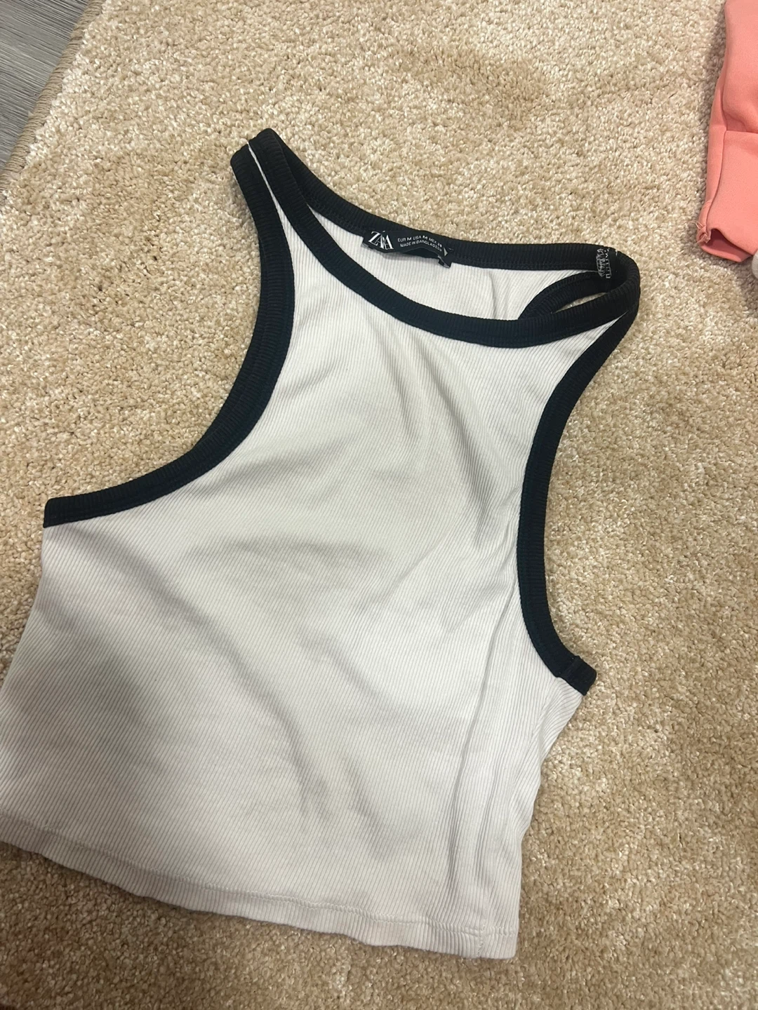 Zara White Ribbed Tank Top with Black Trim