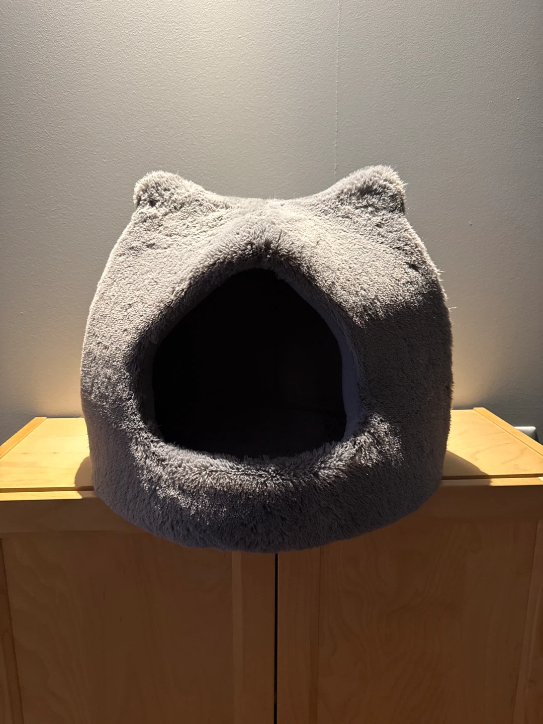 Grey Plush Cat Bed with Ears