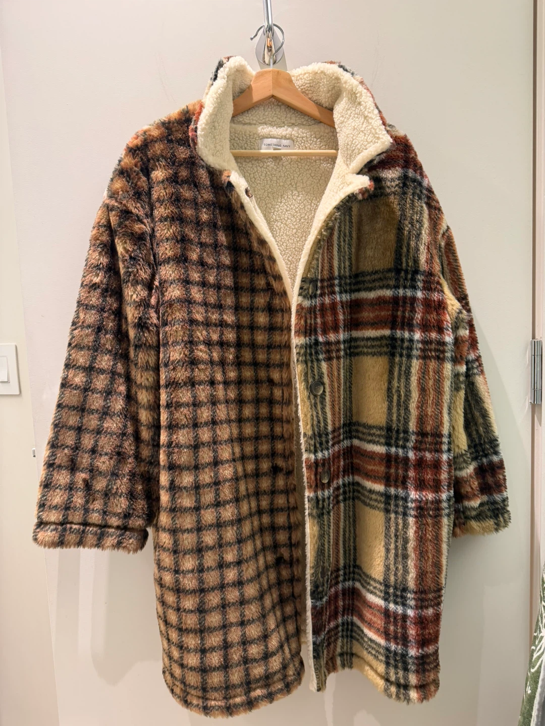 Vintage Checkered Plaid Faux Fur Coat