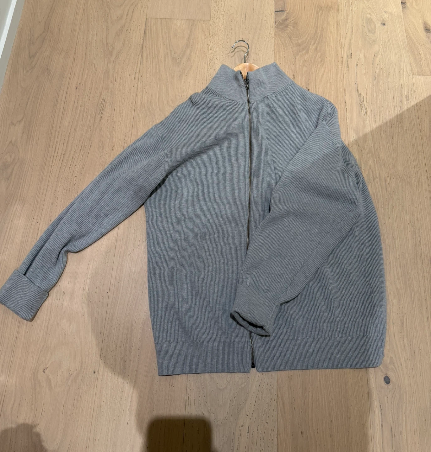 Grey Ribbed Zip-Up Mock Neck Sweater