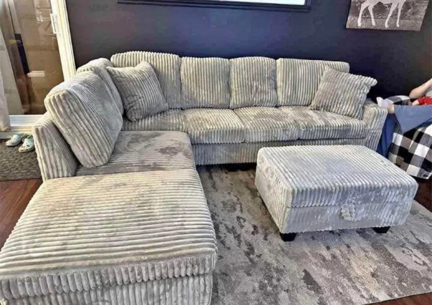 Grey Corduroy Sectional Sofa with Ottoman