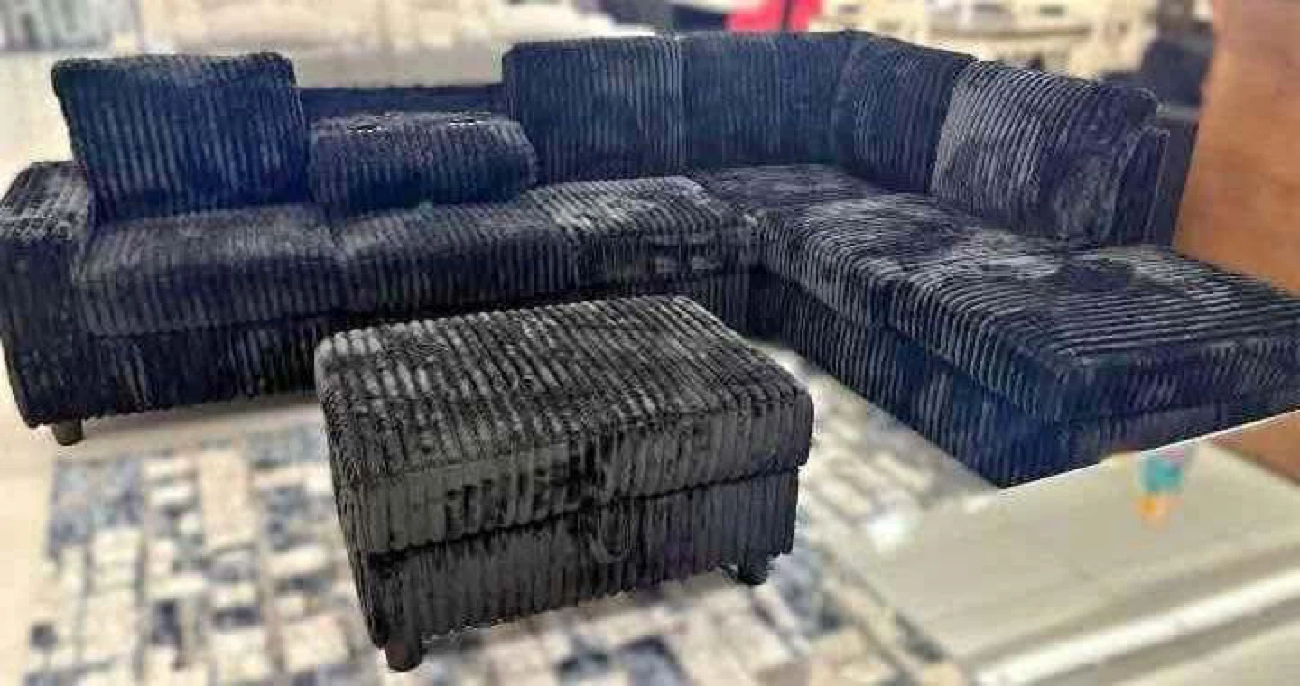 Black Corduroy Sectional Sofa with Ottoman