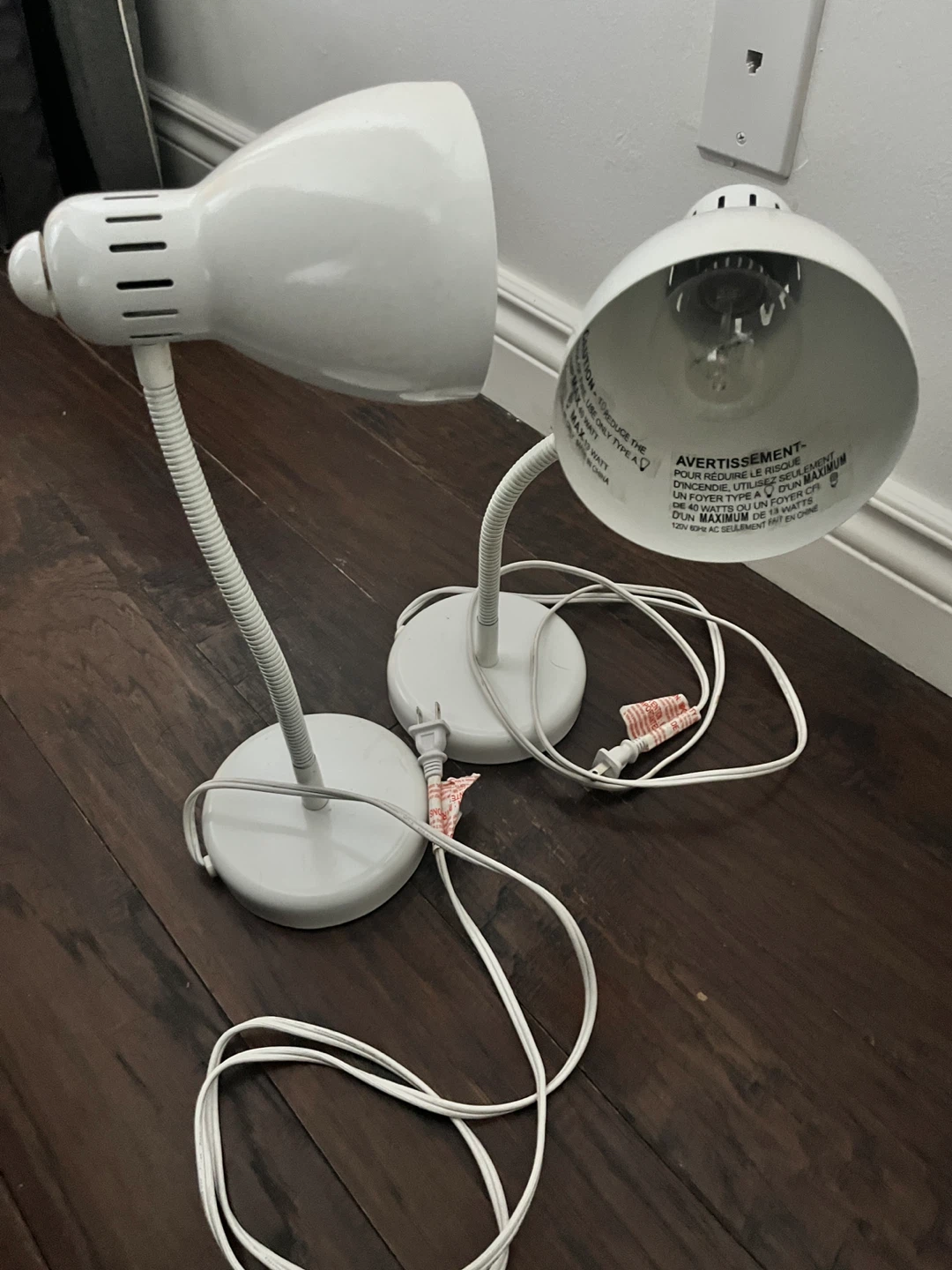 2 White Gooseneck Desk Lamps - Max 40W