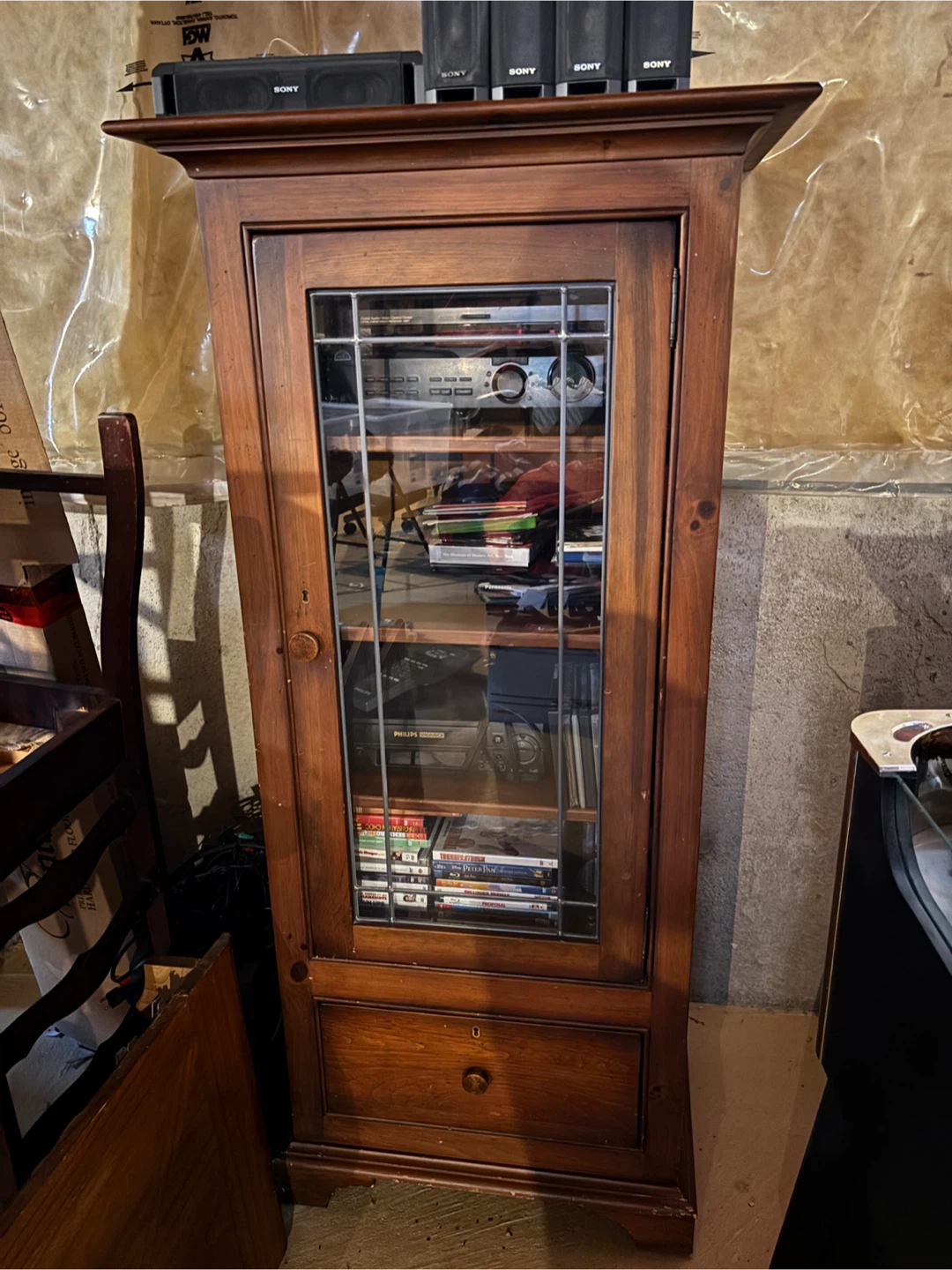 Wooden Media Cabinet with Glass Door and Drawer