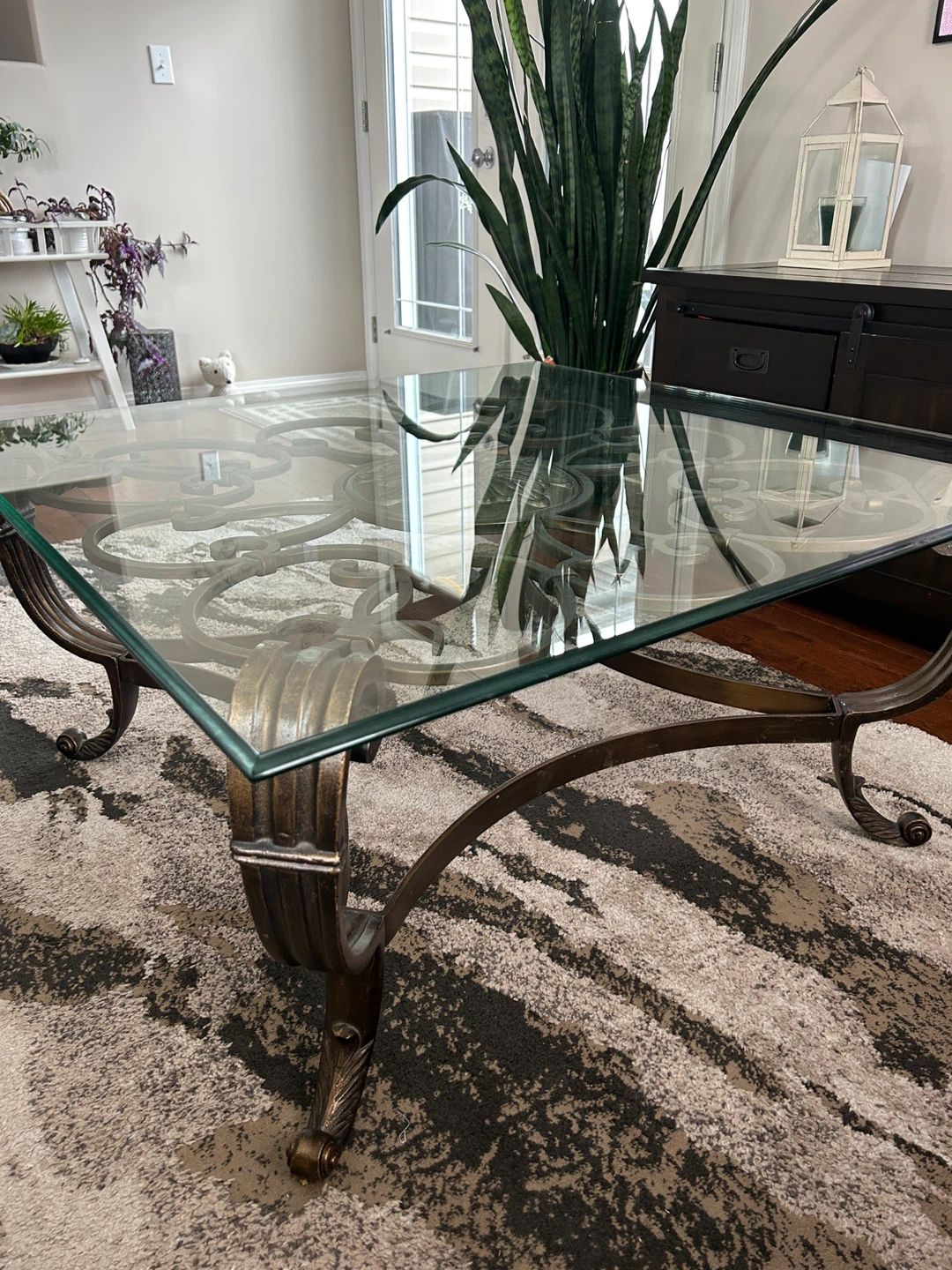 Glass Top Coffee Table  with Ornate Metal Base