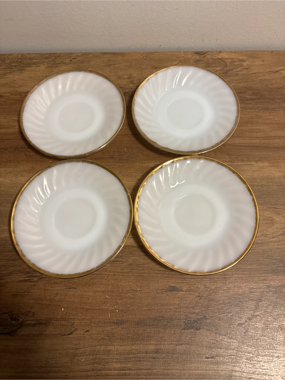 Set of 4 Fire-King Milk Glass Saucers with Gold Rim