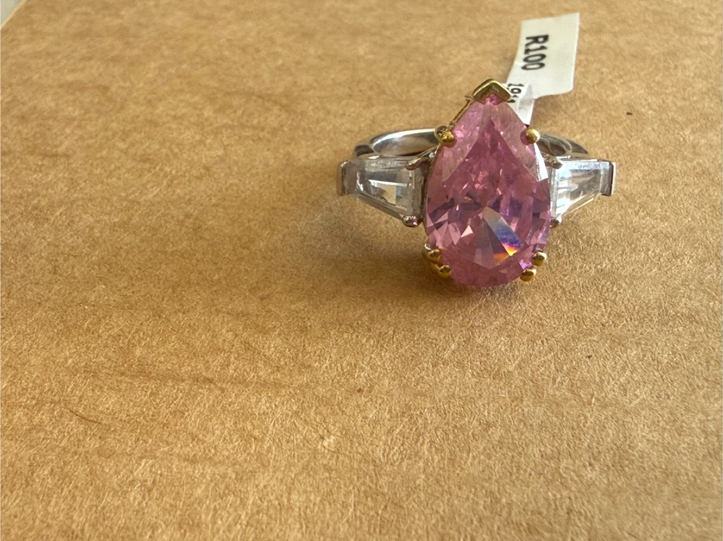 Large Pink Pear Cut Sterling Silver Ring – 12.80ct