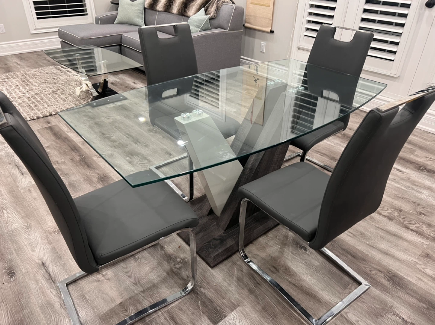 Glass Dining Table with 4 Grey Chairs