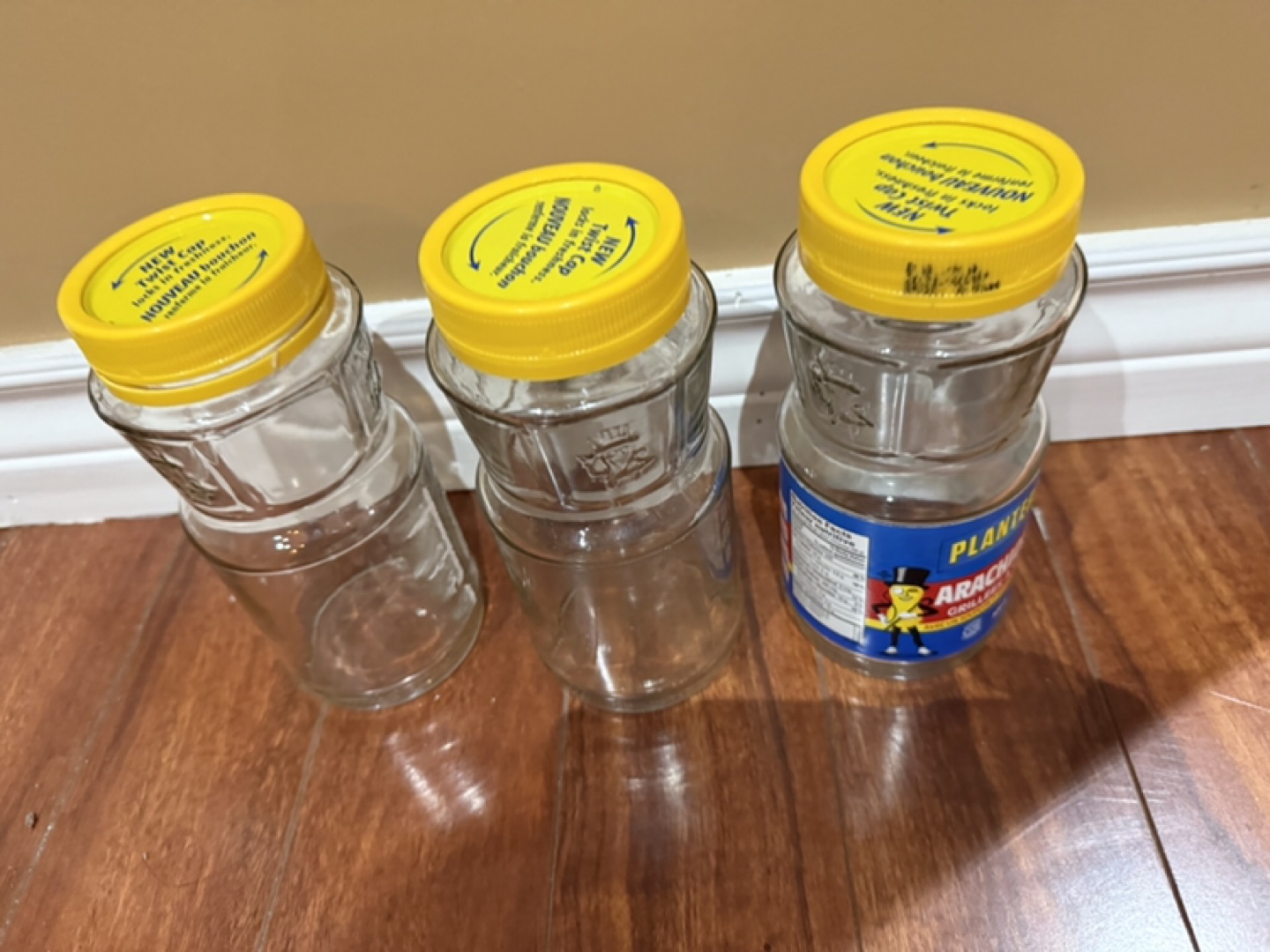 Planters Peanut Jars (3) - Empty Glass with Yellow Lids - photo 3