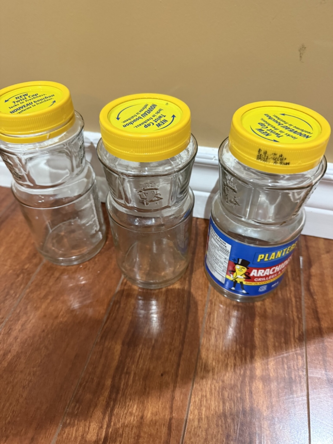 Planters Peanut Jars (3) - Empty Glass with Yellow Lids