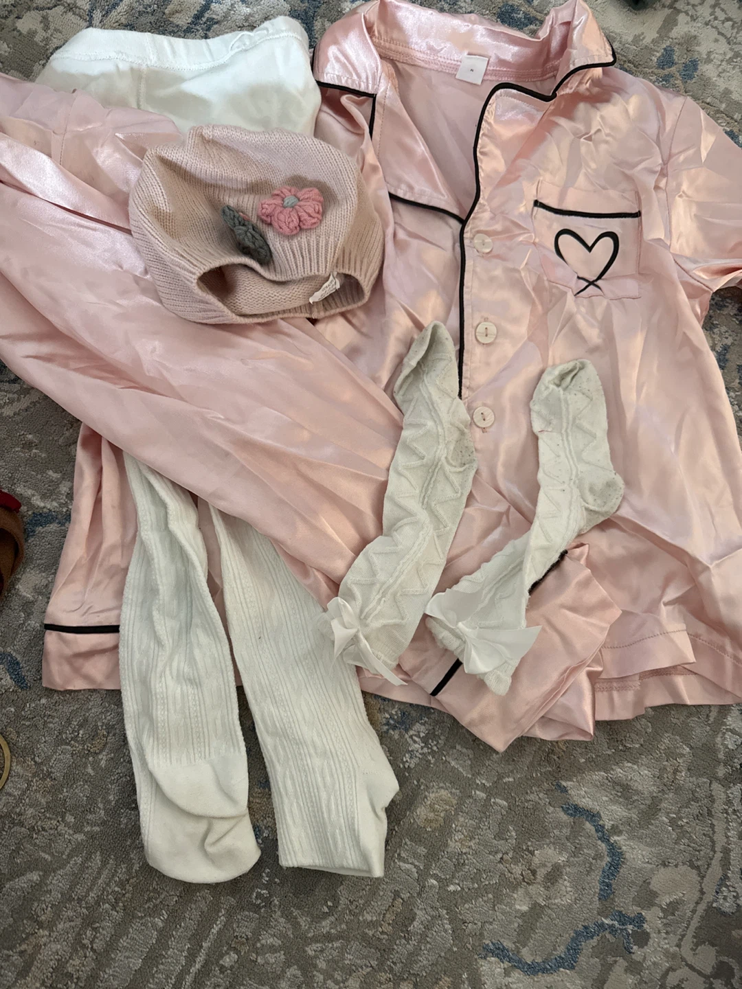 Pink Satin Pajama Set with White Socks and Hat