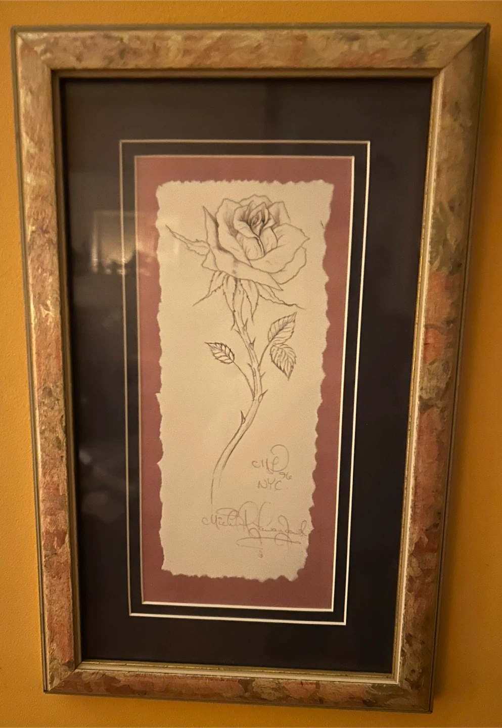 Framed Rose Drawing NYC 1996