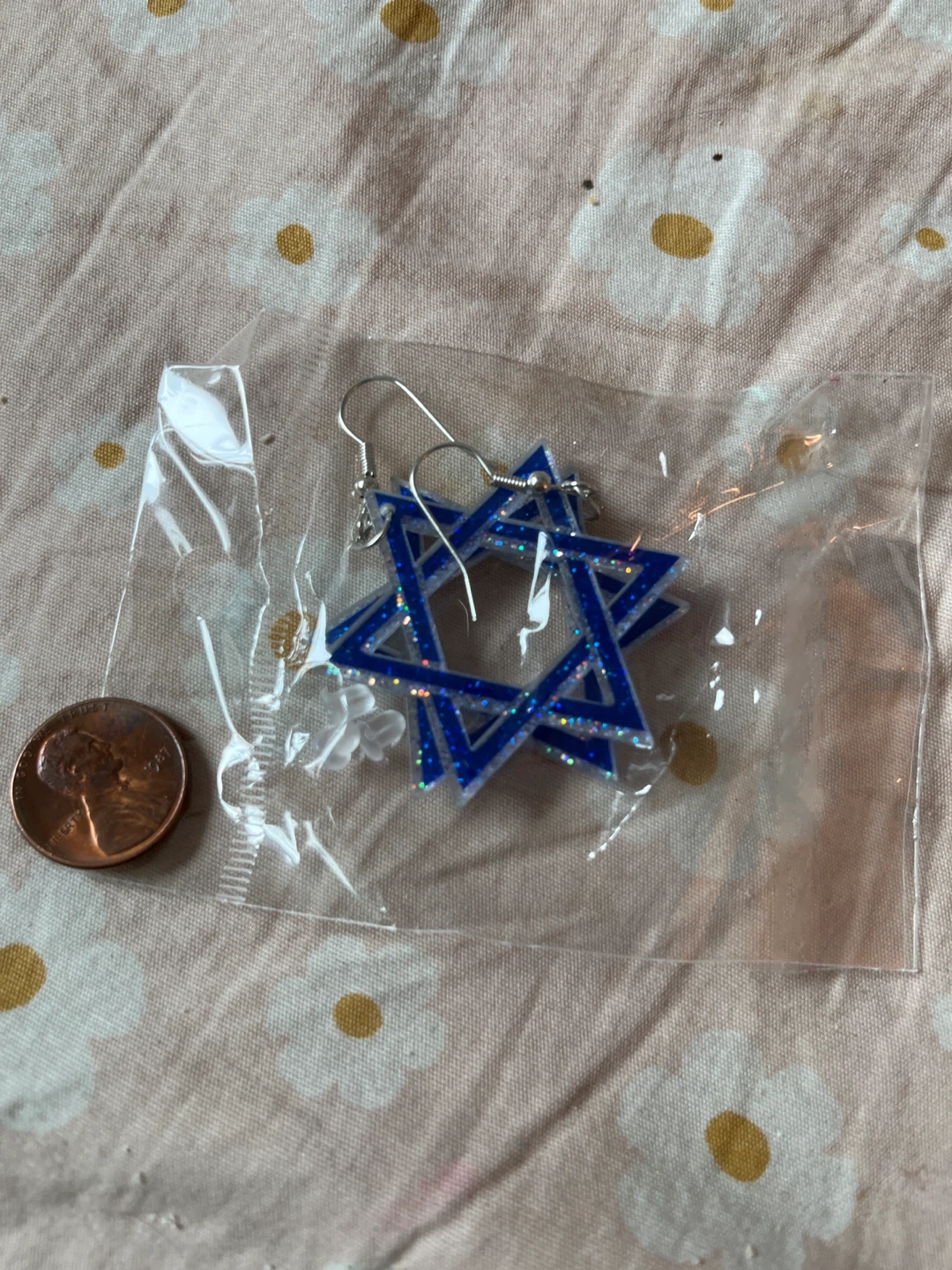 Blue Glitter Star of David Hanukkah Earrings