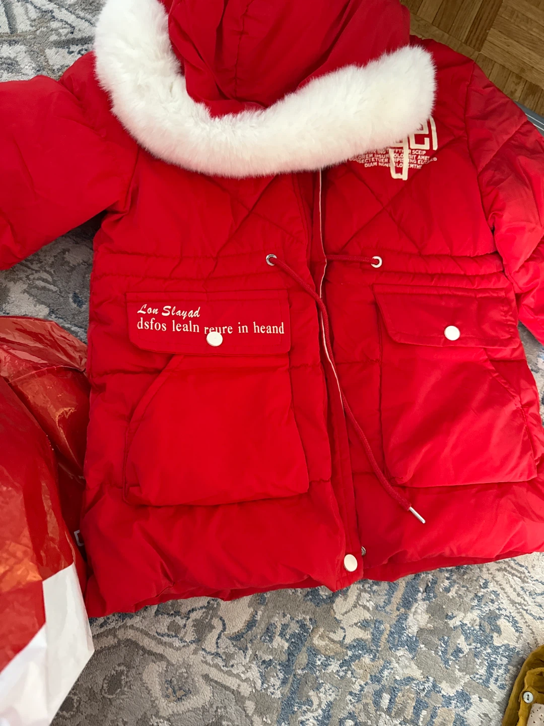 Red Puffer Jacket with White Fur Hood