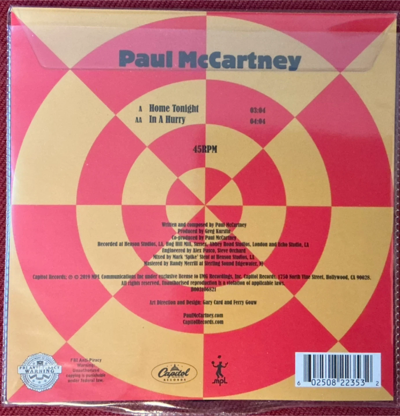 Paul McCartney A Home Tonight / In A Hurry 7" Vinyl Record - photo 2