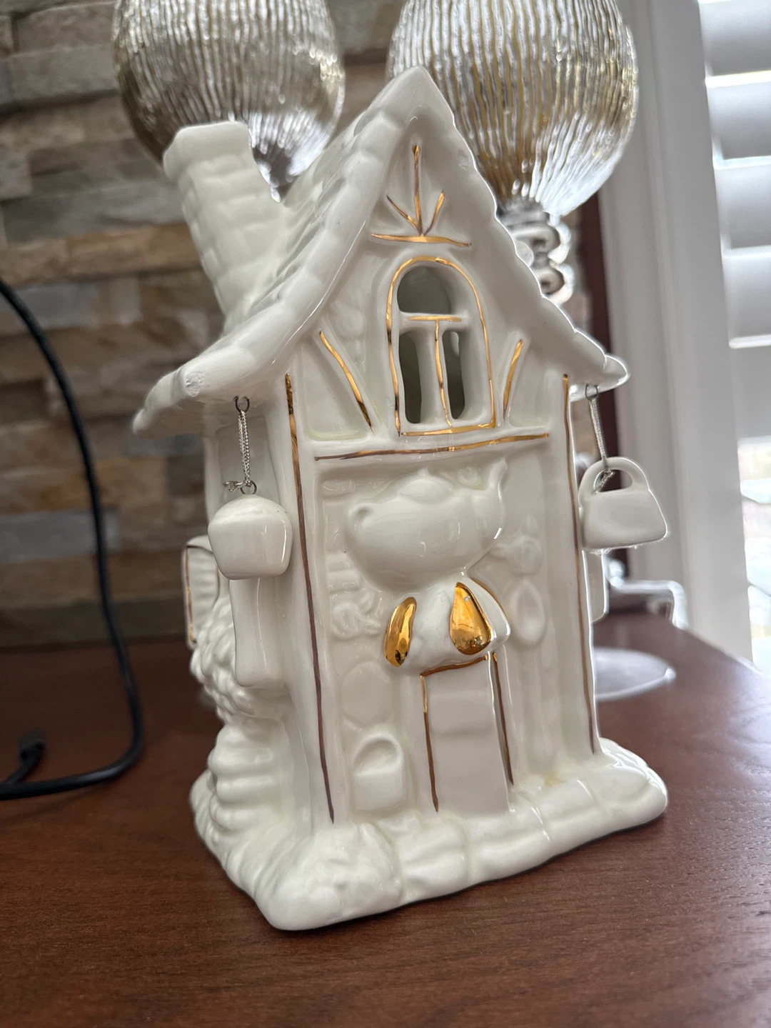 White Ceramic Village House with Gold Trim