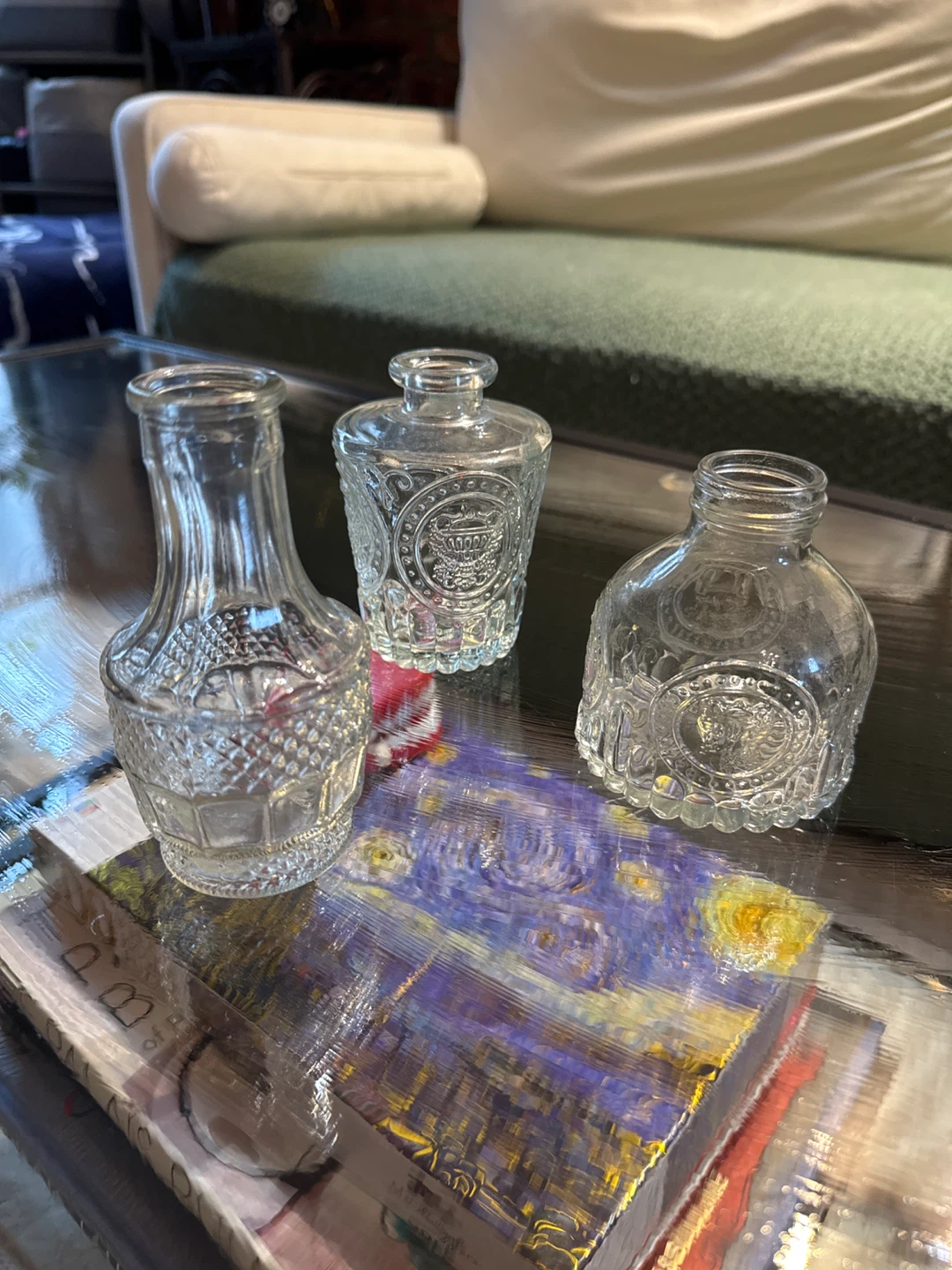 Set of 3 Clear Embossed Glass Mini Bottles Vases