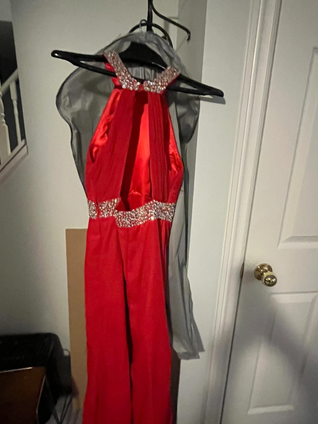 Red Halter Neck Formal Dress with Rhinestone Embellishments - photo 3