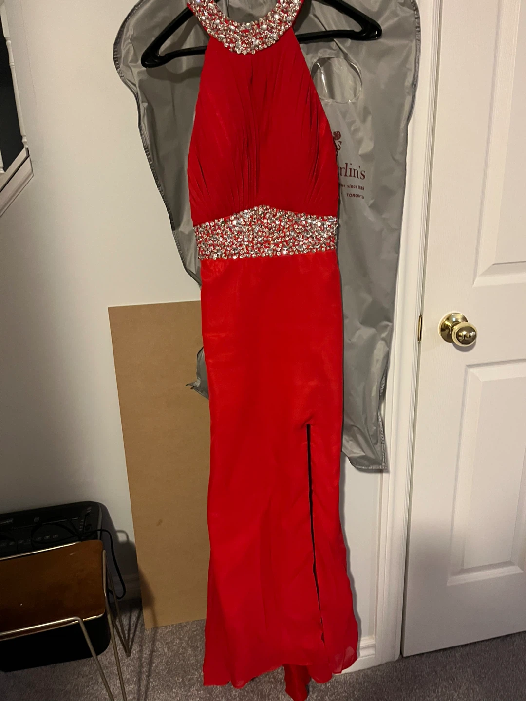 Red Halter Neck Formal Dress with Rhinestone Embellishments - photo 2
