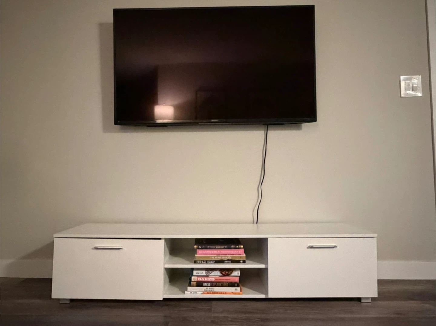 White TV Stand with Cabinet and Shelves - photo 2