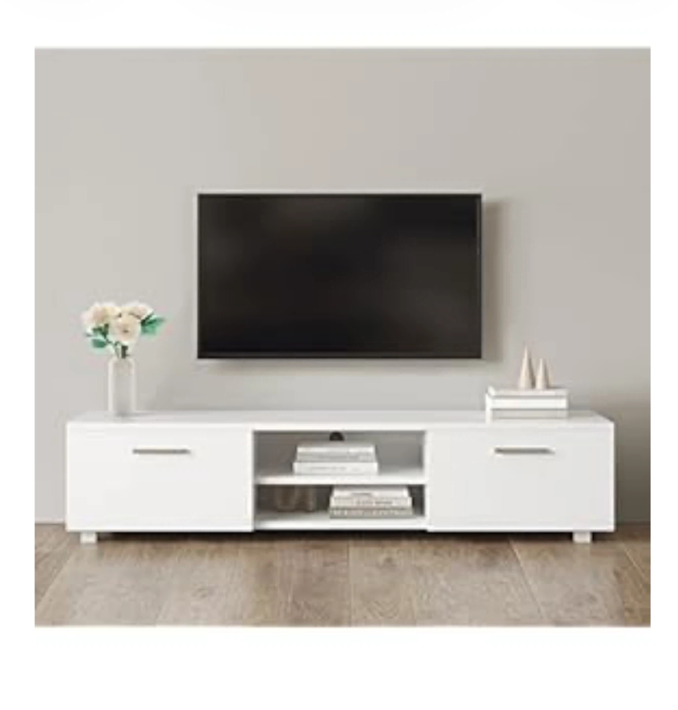 White TV Stand with Cabinet and Shelves