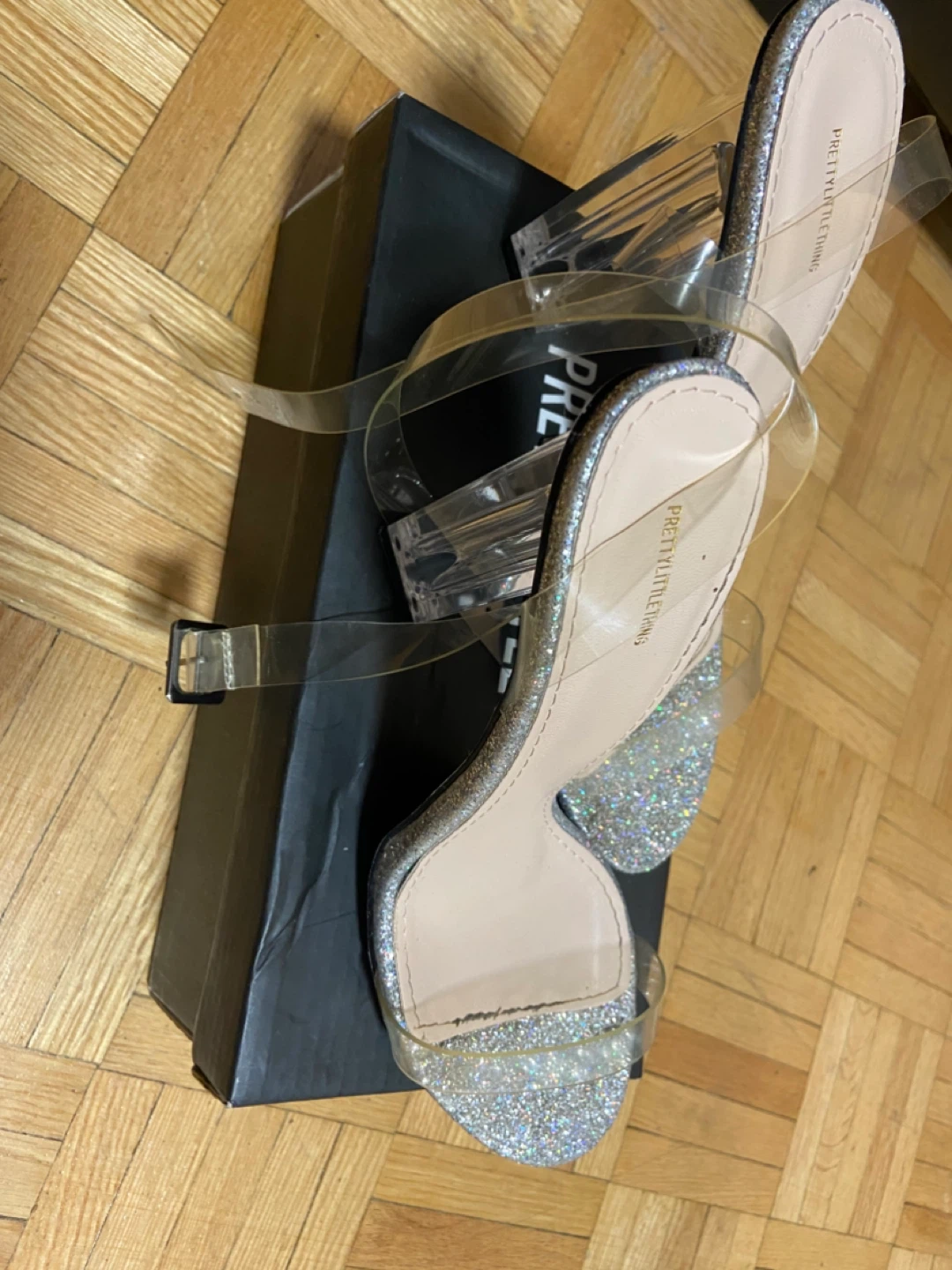 PrettyLittleThing Silver Glitter Clear Heels Size 7