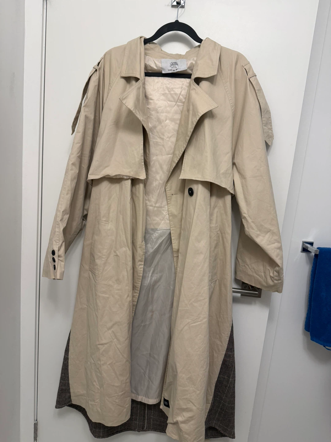 Beige Trench Coat with Plaid Back Piece