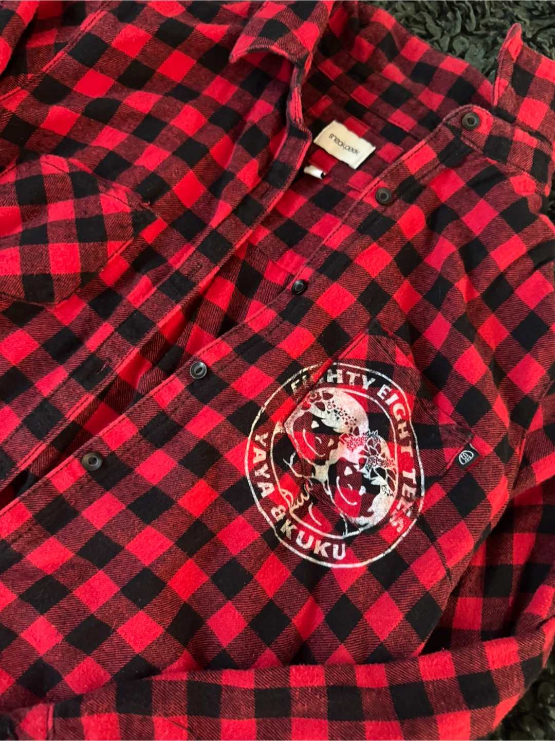 Red and Black Plaid Flannel Shirt with Graphic