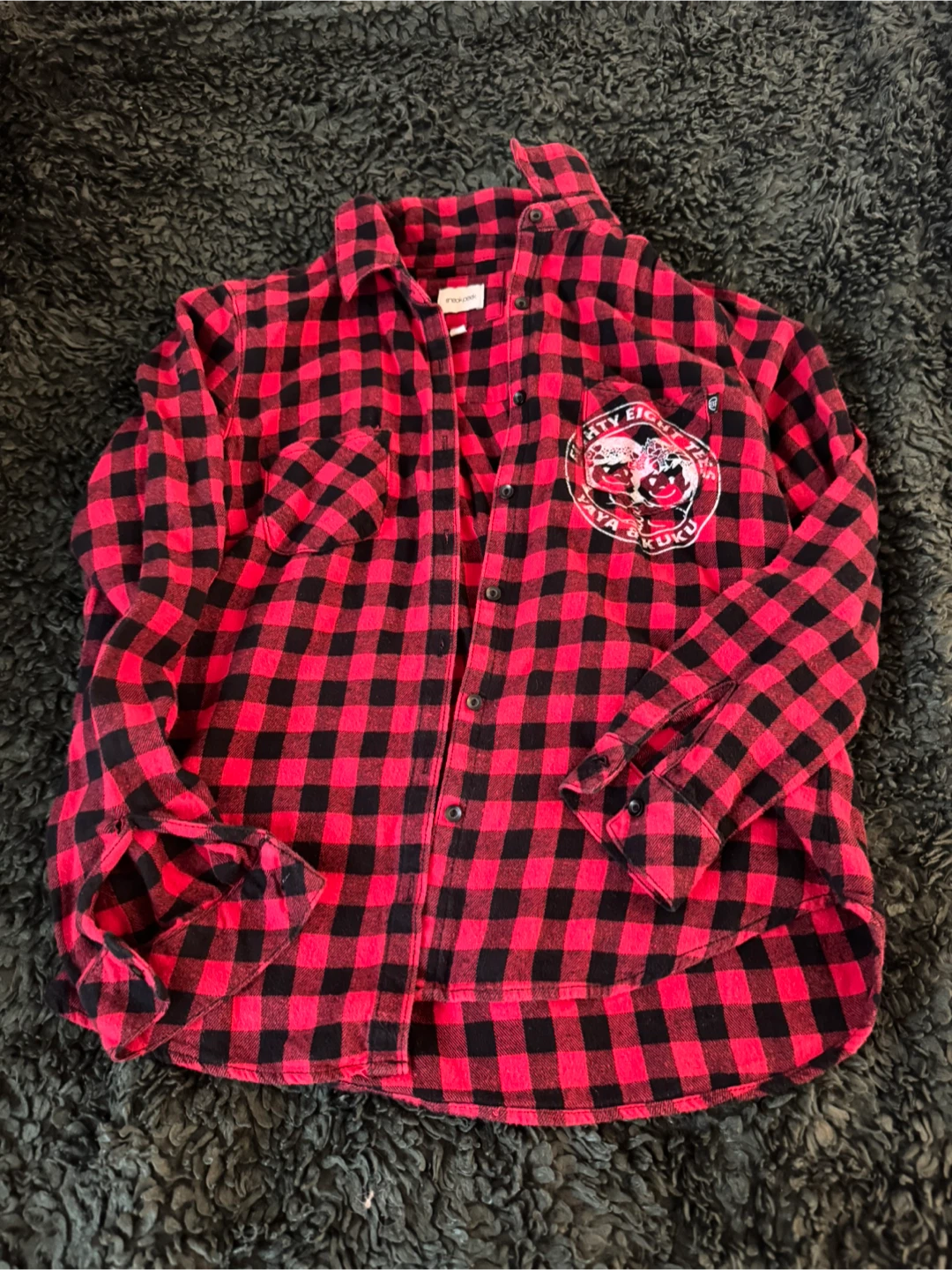 Red and Black Plaid Flannel Shirt with Graphic - photo 3