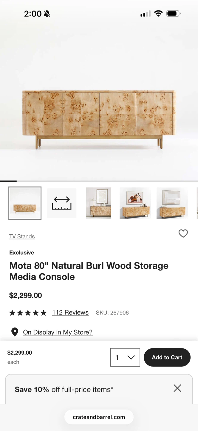 Mota 80" Natural Burl Wood Storage Media Console - photo 3