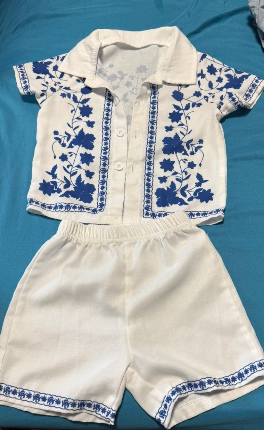 White and Blue Floral Button-Up Shirt and Shorts Set