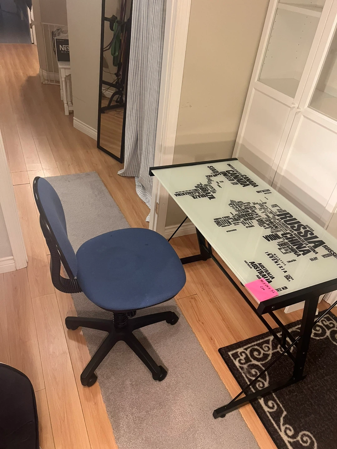 Glass Top Desk with World Map Design and Blue Office Chair