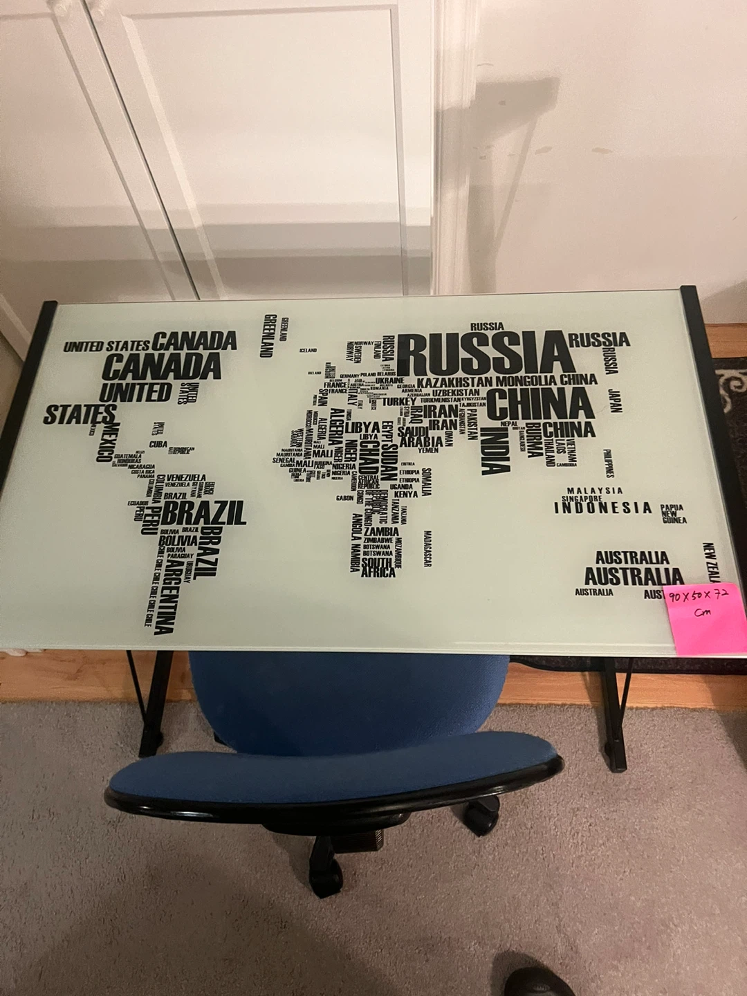 Glass Top Desk with World Map Design and Blue Office Chair - photo 3
