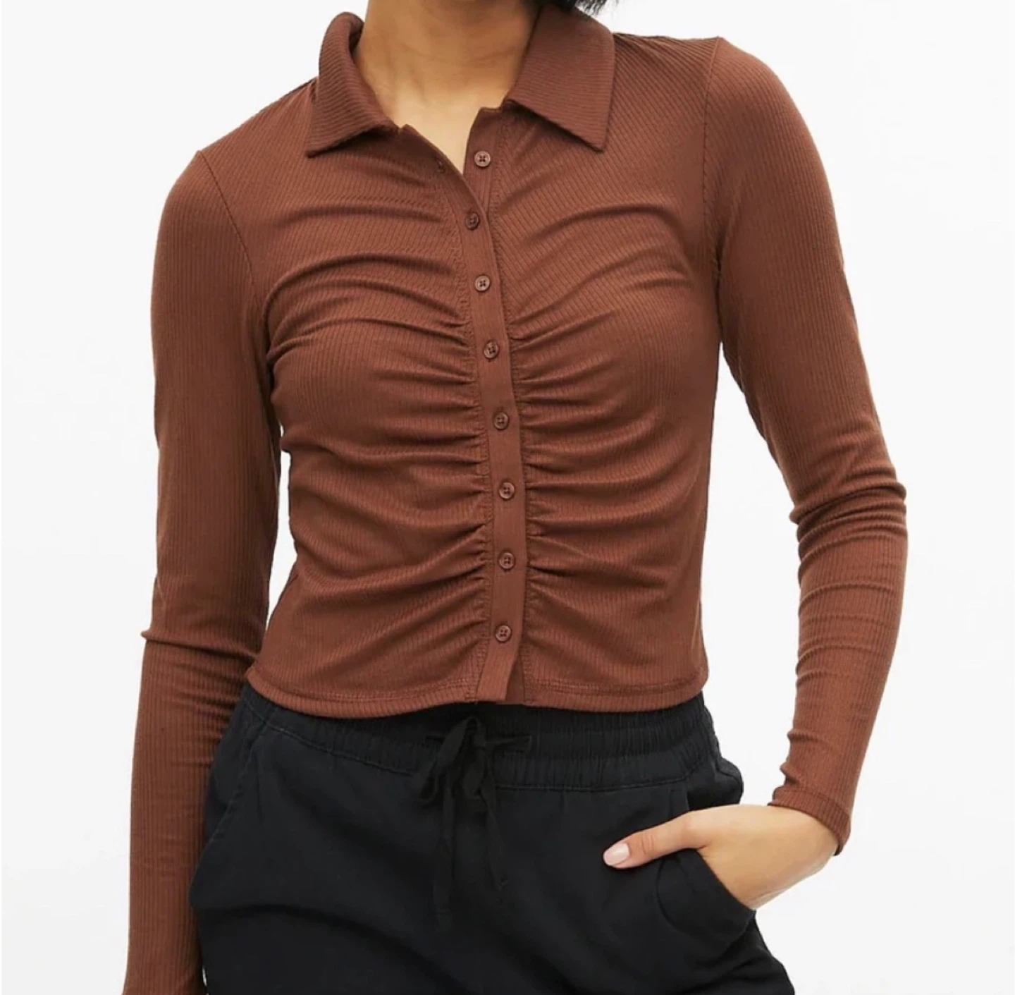 Brown Collared Long Sleeve Top