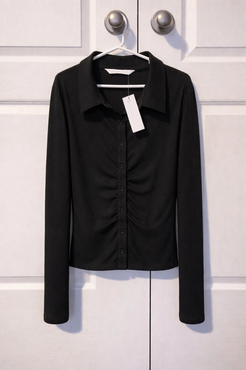 Black Ruched Collared Long Sleeve Shirt - photo 2