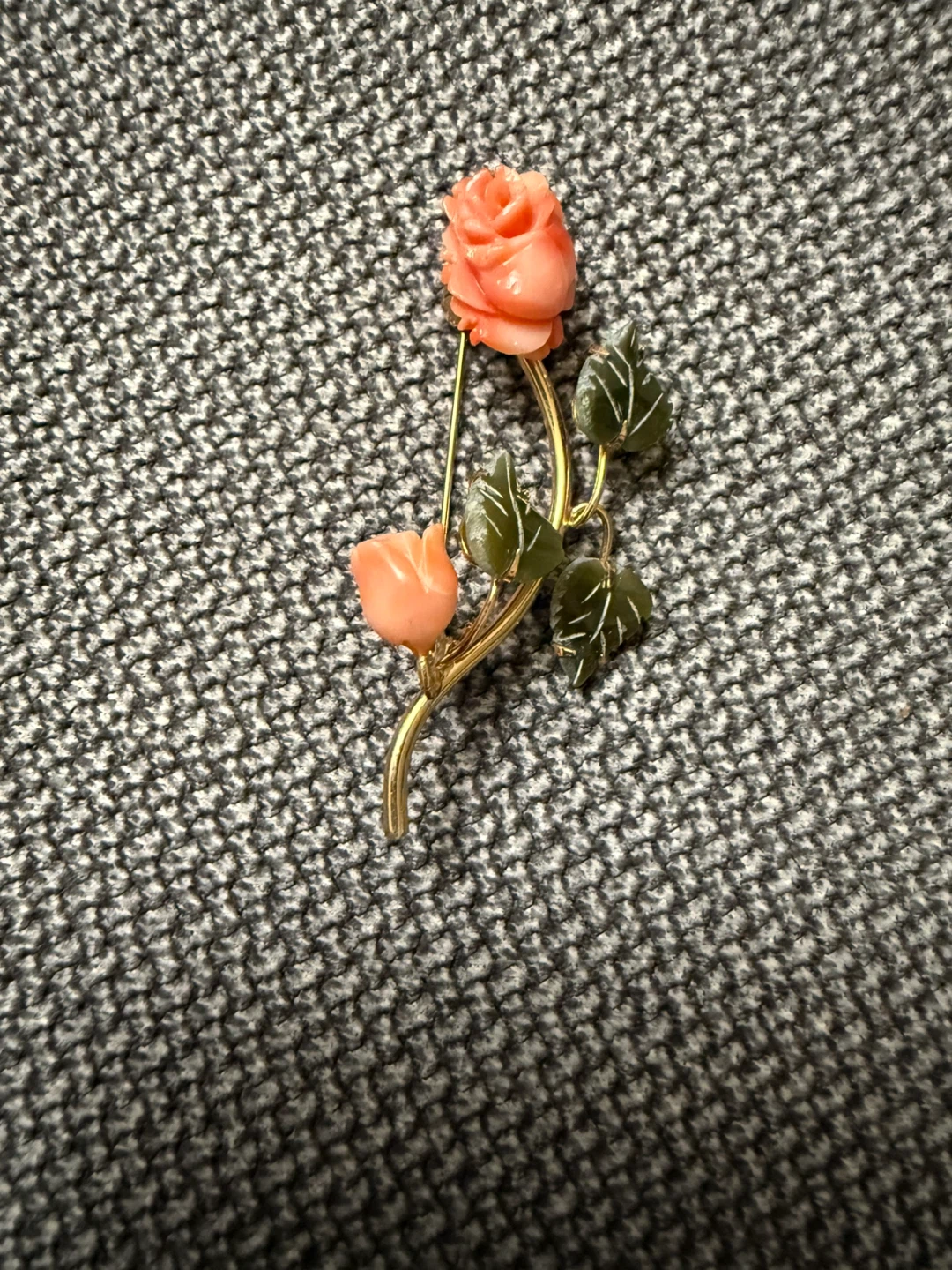 Vintage Coral and Jade Rose Brooch
