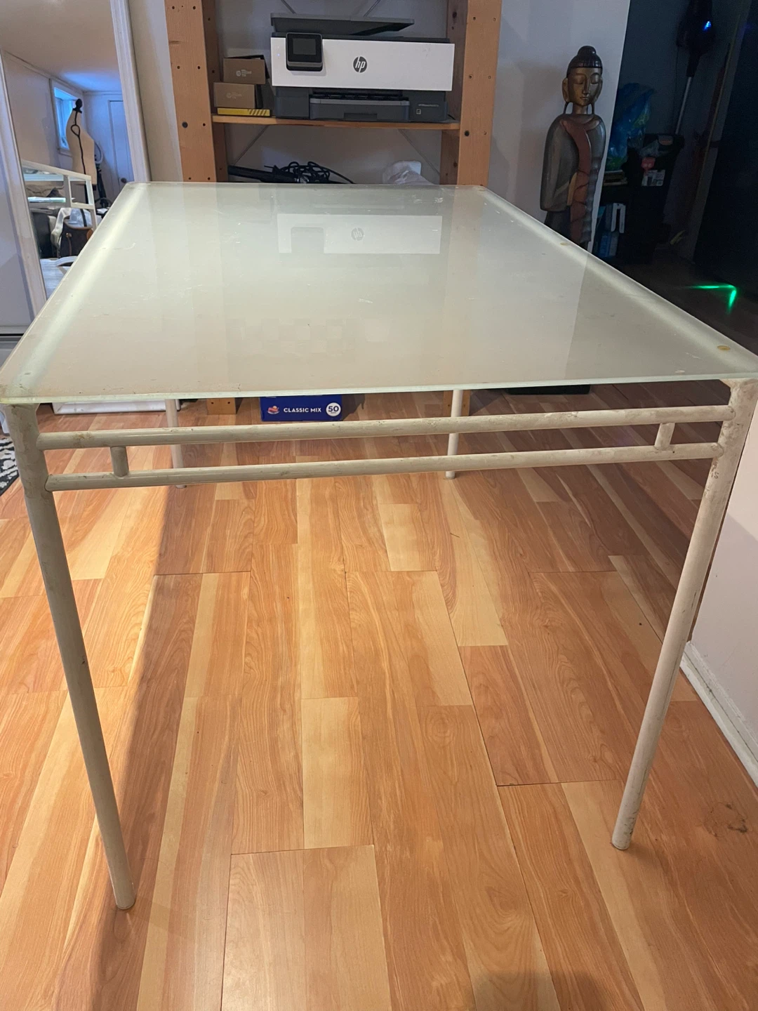 Frosted Glass Top Table with White Metal Frame $35 OR BEST OFFER