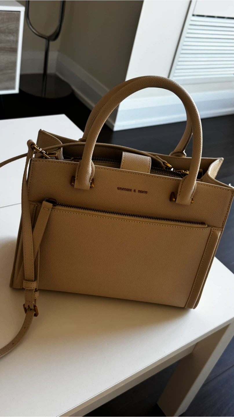 Charles & Keith Beige Faux Leather Top Handle Bag