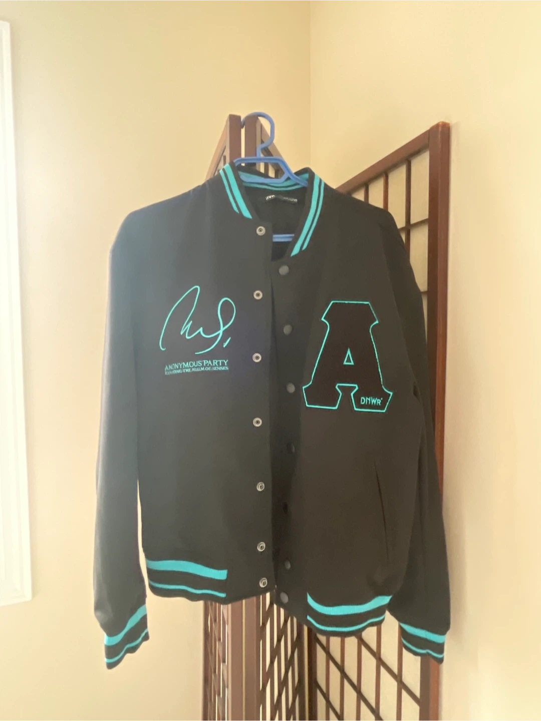 Zara Varsity Bomber Jacket - Black and Teal - Size Medium