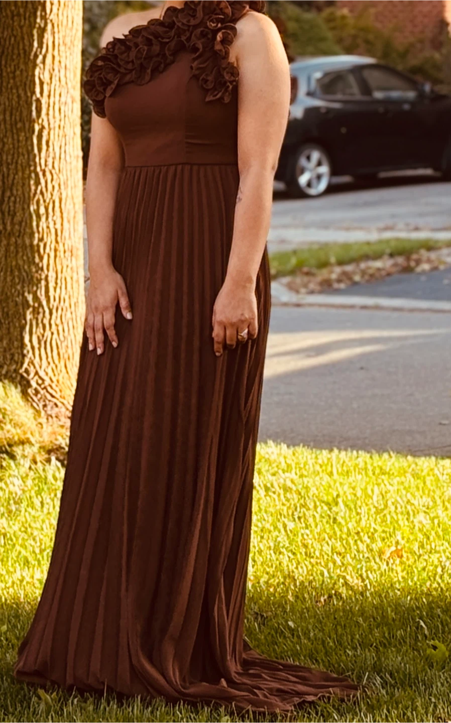 Brown One-Shoulder Pleated Maxi Dress with Ruffle Accent