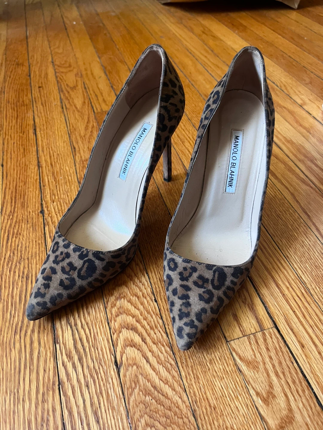 Manolo Blahnik Leopard Print Suede Heels with Box - photo 2