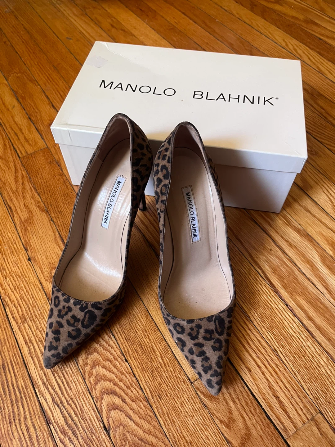 Manolo Blahnik Leopard Print Suede Heels with Box