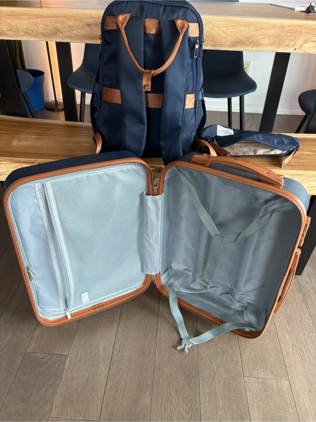 Navy Blue Luggage Set with Brown Accents