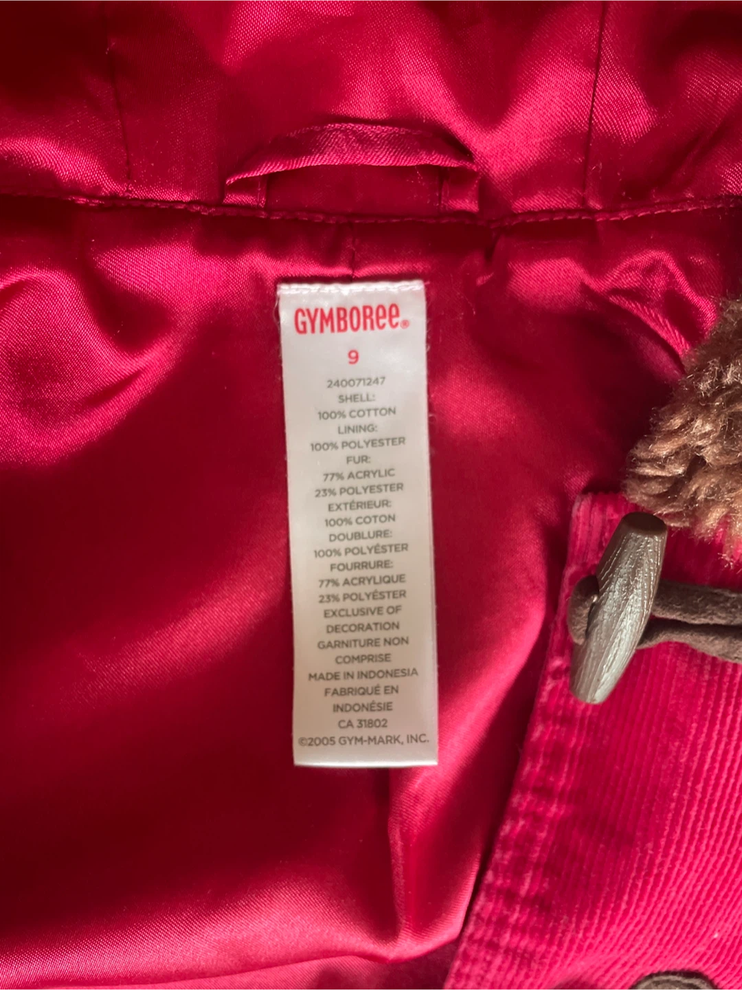 Gymboree Pink Corduroy Toggle Coat with Faux Fur Hood - Size 9 - photo 2