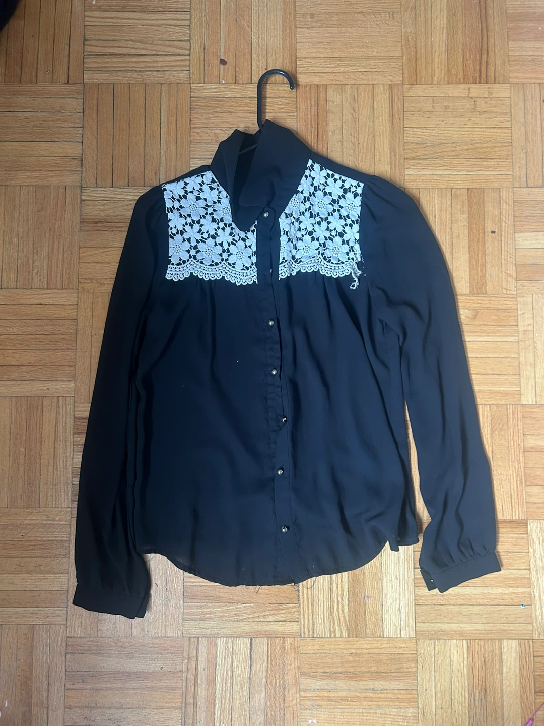 Black Long Sleeve Button-Up Shirt with White Lace