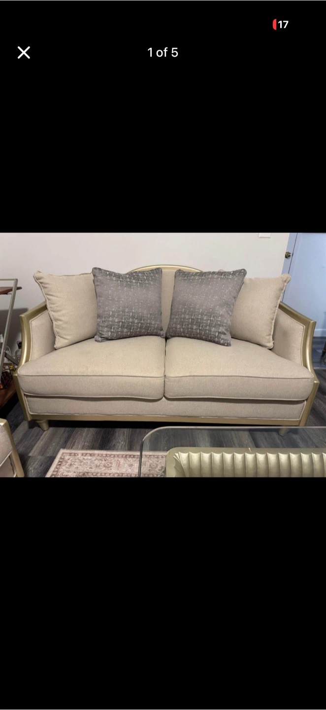 Sofa + love seat Beige Upholstered Sofa with Gold Trim